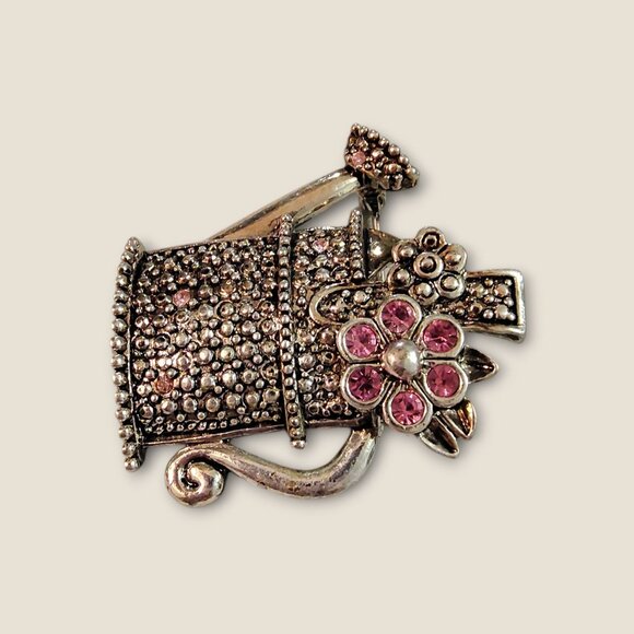 Vintage Watering Can Brooch With Pink  Floral Rhinestones & Silver-Tone Metal - Picture 3 of 4